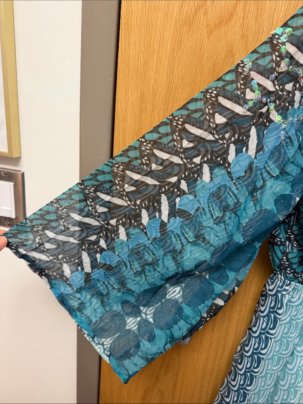 Blue Teal Mixed Patterned V-Neck Resortwear Maxi Dress with Sequin Details - Picture 6 of 12